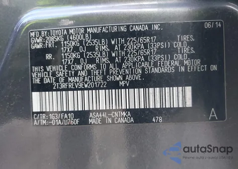 2014 Toyota Rav4 Xle z USA, uszkodzony, nr VIN 2T3RFREV9EW201722